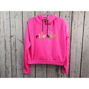 Ellesse Hot Pink Fleece Cropped Hoodie Sweatshirt Pullover Cropped Logo Medium‎